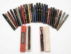 A collection of Swan fountain pens:, including a blue marble 'Blackbird', a similar 'Eternal',