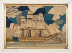 A 19th century sailors woolwork of a frigate:,