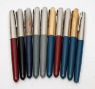 Ten Parker '51' fountain pens:, including two examples with rolled gold caps,