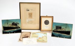 RMS Lusitania -a framed deck chair hire ticket and Second Saloon dining card on ship's headed