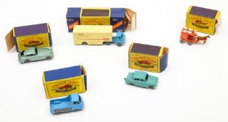 Five Lesney Moko 'Matchbox' vehicles:, comprising Austin A50, Milk float, Aston Martin,