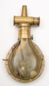 A Continental brass and horn powder flask: the circular body with spring action dram measure,