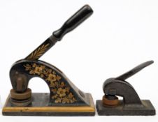 A late 19th century black lacquer embossing press by Jordon & Sons and one other smaller:,