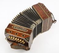 A late 19th century elm and mother of pearl inlaid 'Pearl Queen' concertina circa 1900:,