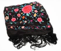 A Victorian black silk and floral embroidered shawl and a pair of white ladys' kid evening gloves:,