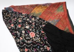 A Victorian black silk and floral embroidered shawl and a Chinese silk embroidered wall hanging:,