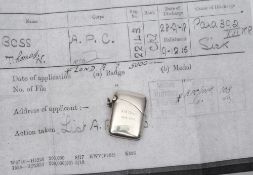 A WWI period silver vesta case, Birmingham 1915, inscribed 'T W Boss 1914-1918':.