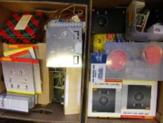 A collection of railway layout accessories: including figures, decoders, wiring lights,
