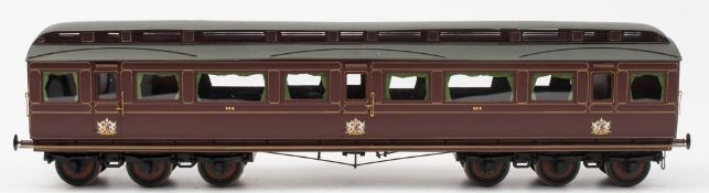 A good scratch built dining carriage in LMS livery:,gold coach lines on maroon body,