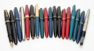 A collection of Parker Fountain pens:, including 'Slimfold', 'Duofold', 'Lady' and others.