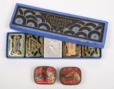 A Columbia 'Talkie Needles' in original box together with HMV Loud Tone tin containing gramophone