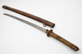 A WWII period Japanese Katana:, the blade with single hamon line and brass habaki,