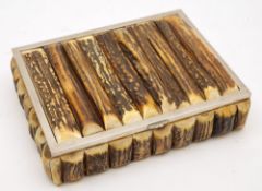 An antler mounted cigar box:, the silver plated framed lid enclosing a cedar lined interior,