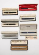 Seven Parker pens in boxes including a 'Victory', a '17', a 'Senior Duofold' and others:.