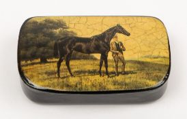An early 20th century papier mache snuff box with lithograph decorated lid of a stallion and groom:,