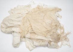 A white silk and embroidered shawl together with a quantity of various whitewear:,