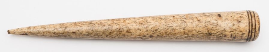 A 19th century marine ivory fid:, of typical form with triple ringed decoration to top end, 34.