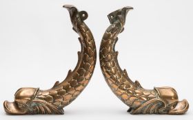 A pair of bronze dolphin gangplank supports for an Admiral's barge:, unsigned, 37.5cm high.