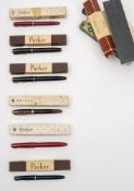 Six Parker Fountain pens in boxes:, including a Golden Brown and plain black 'Vacumatic' examples,
