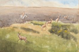 Sam Wilmot [20th Century]- Stag Hunt:- signed and dated 1968 watercolour 34 x 51cm