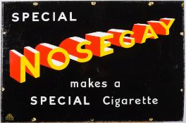 An enamel advertising sign for Nosegay cigarettes: with yellow red and white 3D text on a black