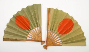 Two Japanese WWII period paper and bamboo fans:, one side with a Rising Sun the other with text.
