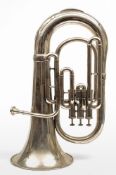 A nickel plated tuba:, unsigned, of typical form with 10 inch diameter bell, 58cm high.
