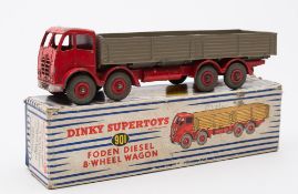 A Dinky No 901 Foden Diesel 8-wheeled wagon ( 2nd type):, red cab and chassis with fawn body,
