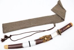 A Japanese tanto:, the short blade and one piece wooden handle inlaid bone decoration ,