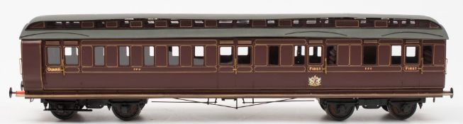 A good scratch built First Class and Guard carriage in LMS livery:, gold coach lines on maroon body,