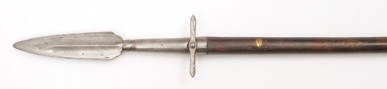 A 17th century German Boar spear:, stout broad leaf shaped blade with medial ridge,