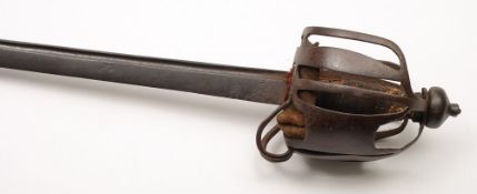 An 18th century English basket hilt sword:, the single edged blade with fuller,