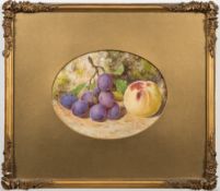 British School 19th Century- Still life of a peach and gapes on a mossy bank:- signed with a