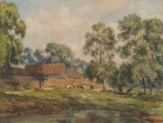 George Leon Little [1862-1926]- Cattle and ducks by a farm,