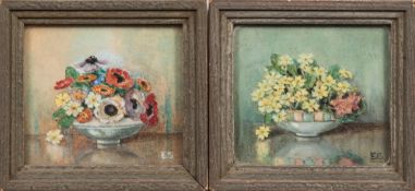 British School early 20th Century- Miniature still life studies of cut flowers:- a pair,