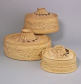 Two Spode cane ware pie dishes and covers and one similar: each of oval form with ornate faux