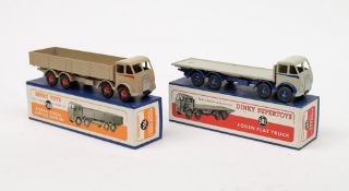 A restored/repainted Dinky 501 Foden Diesel 8-Wheel Wagon and a similar Dinky 502 Foden Flat