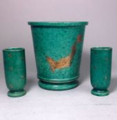 A Gustavsberg Argenta Ware plant pot and a pair of spill vases: the former of footed cylindrical