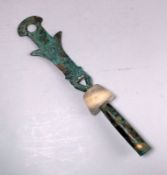 A Chinese jade mounted bronze ceremonial dagger: in archaic style, the blade cast with characters,