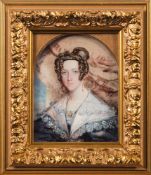 English School early 19th Century- A miniature portrait of a young lady:, head and shoulders,