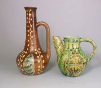 A Castle Headingham pottery ewer and another similar: the former of globular form with broad spout