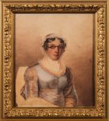 English School early 19th Century- A portrait of a young lady:, half-length seated, with blue eyes,