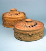 Two similar cane ware dishes and covers: of oval form with ornate faux pastry covers,