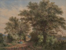 John Steeple [1823-1887]- Mother and daughter gathering flowers in a wooded lane:- signed and dated