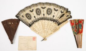 A Victorian bone and black lace fan (damaged) together with a later Chinese paper printed fan and a