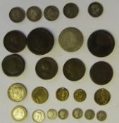 A collection of assorted silver and copper British coinage: various monarchs from George III to