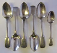 Five assorted fiddle pattern dessert spoons and a fiddle and thread pattern teaspoon,
