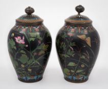 A pair of Japanese cloisonne jars and covers:.