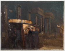 British School 20th Century- A street cafe:- oil on board 26 x 33cm., unframed.