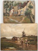 Barbizon School late 19th Century- Farmers and cattle on a track, a windmill beyond:- oil on panel,